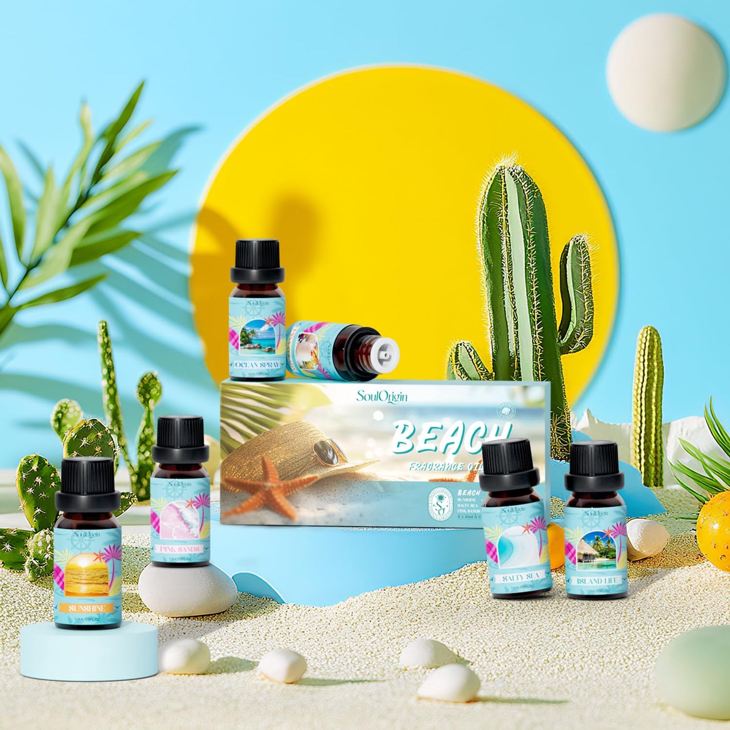 Soulorigin Beach Fragrance Oils Set – Essential Oil Gift for Diffuser (Ocean Spray, Pink Sands, Salty Sea, Pina Colada, Island Life, Sunshine)