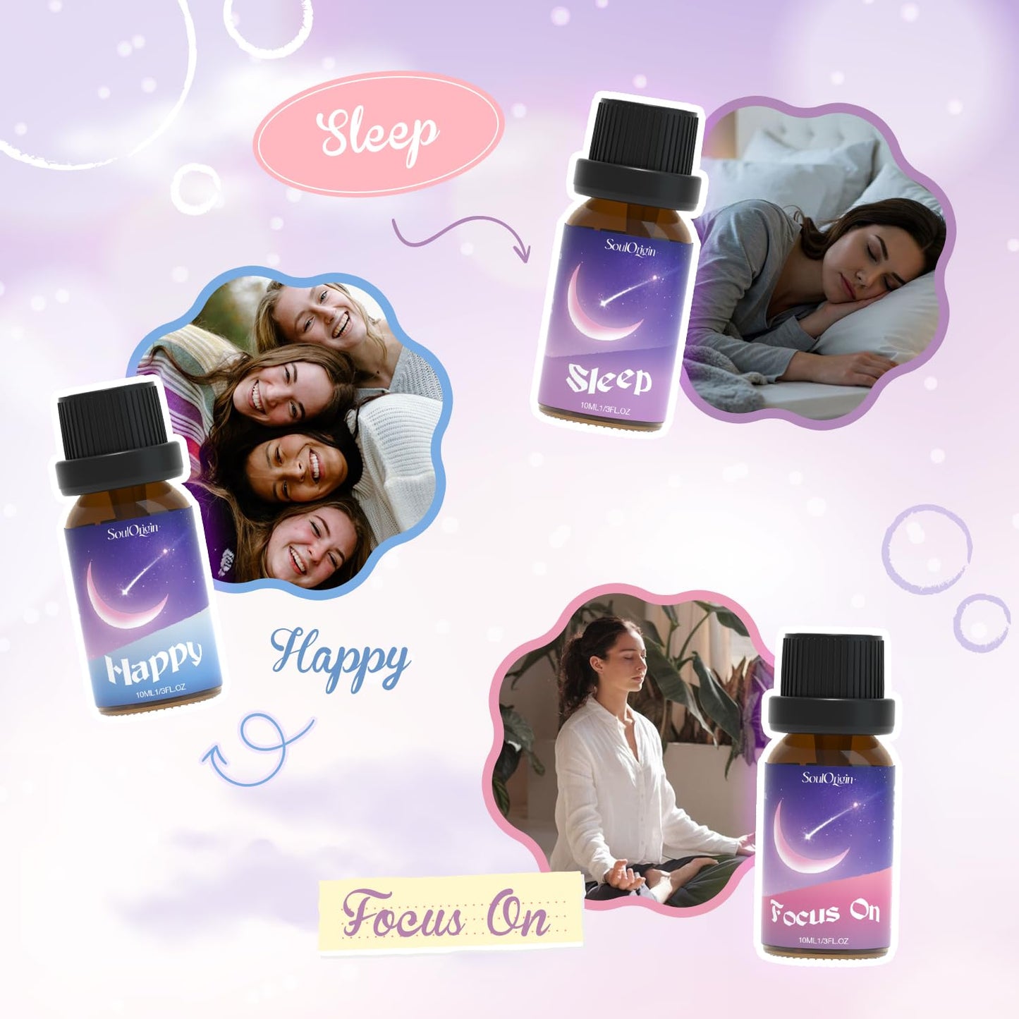 Soulorigin Essential Oil Blends - Sleep, Happy, Breathe, Inspire, Relax & Focus On | Diffuser Oils Gift Kit