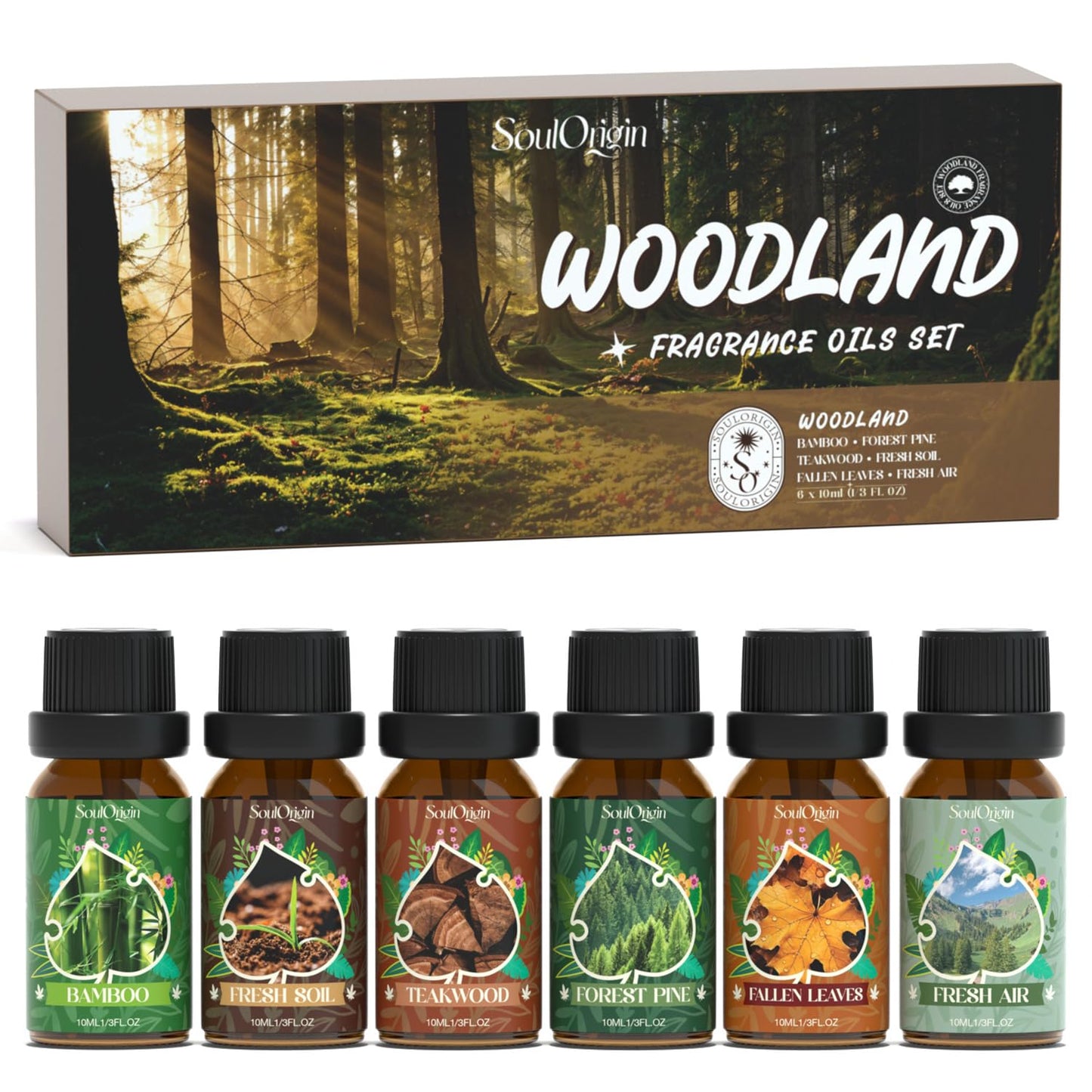 Soulorigin Woodland Fragrance Oils Set – Essential Oil Gift for Diffusers (Forest Pine, Teak, Bamboo, Fresh Soil, Fallen Leaves, Fresh Air)