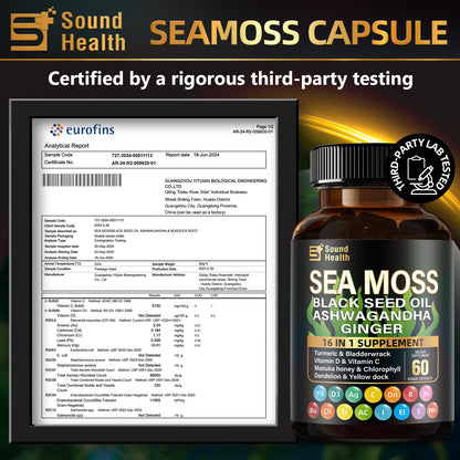 SoundHealth Sea Moss Capsules – 8000mg Sea Moss, 4000mg Black Seed, 2000mg Ashwagandha, Turmeric & Burdock, Vitamin C & D3 (30 Days)