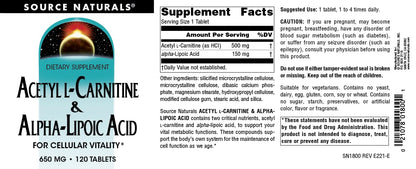 Source Naturals Acetyl L-Carnitine & Alpha-Lipoic Acid 650mg - 120 Tablets