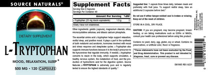 Source Naturals L-Tryptophan 500mg - Mood, Relaxation & Sleep Support, 120 Capsules