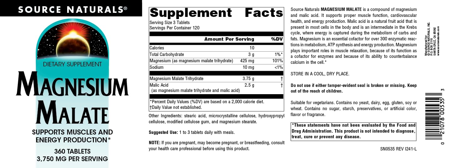 Source Naturals Magnesium Malate 3750 mg per Serving - for Energy Production* - 360 Tablets