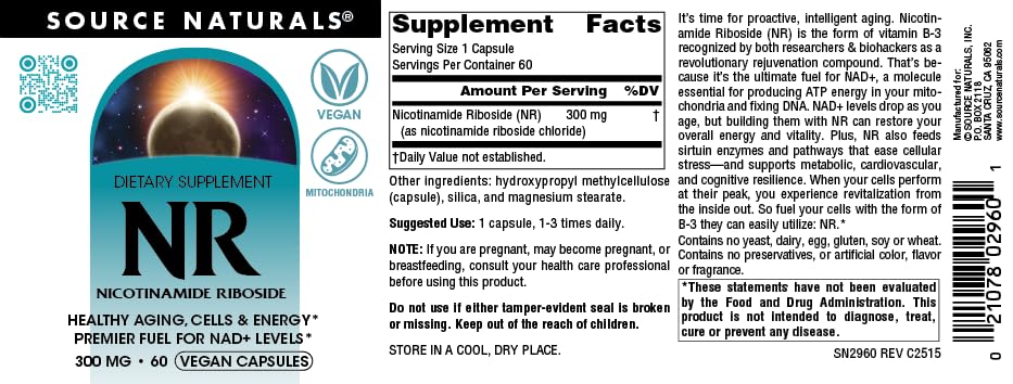 Source Naturals NR Nicotinamide Riboside 300 mg – 60 Vegan Capsules