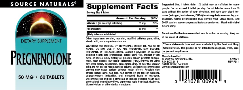 Source Naturals Pregnenolone 50mg - 60 Tablets | Hormone Support Supplement