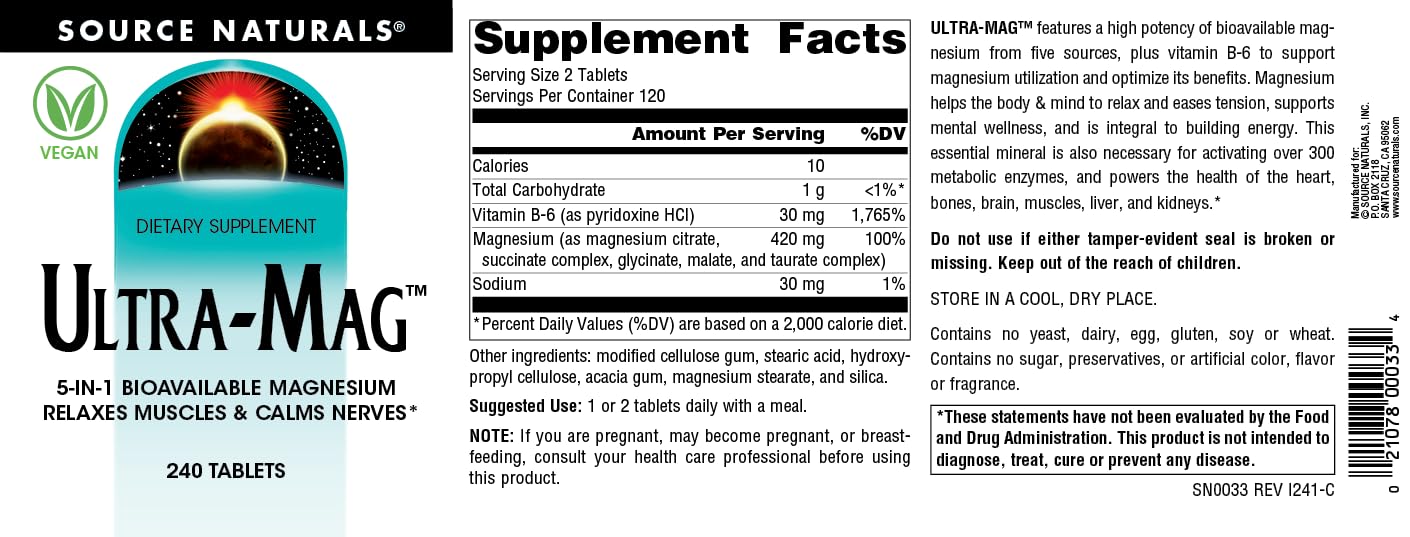 Source Naturals Ultra-Mag High-Efficiency Magnesium Complex - Maintains Muscle & Nerve Function - 240 Tablets