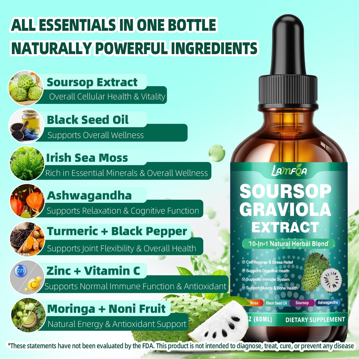 Soursop Bitters Liquid 10-in-1 with Ashwagandha, Turmeric & Black Seed Oil — Immune & Gut Health