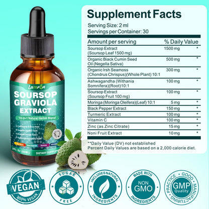 Soursop Bitters Liquid 10-in-1 with Ashwagandha, Turmeric & Black Seed Oil — Immune & Gut Health