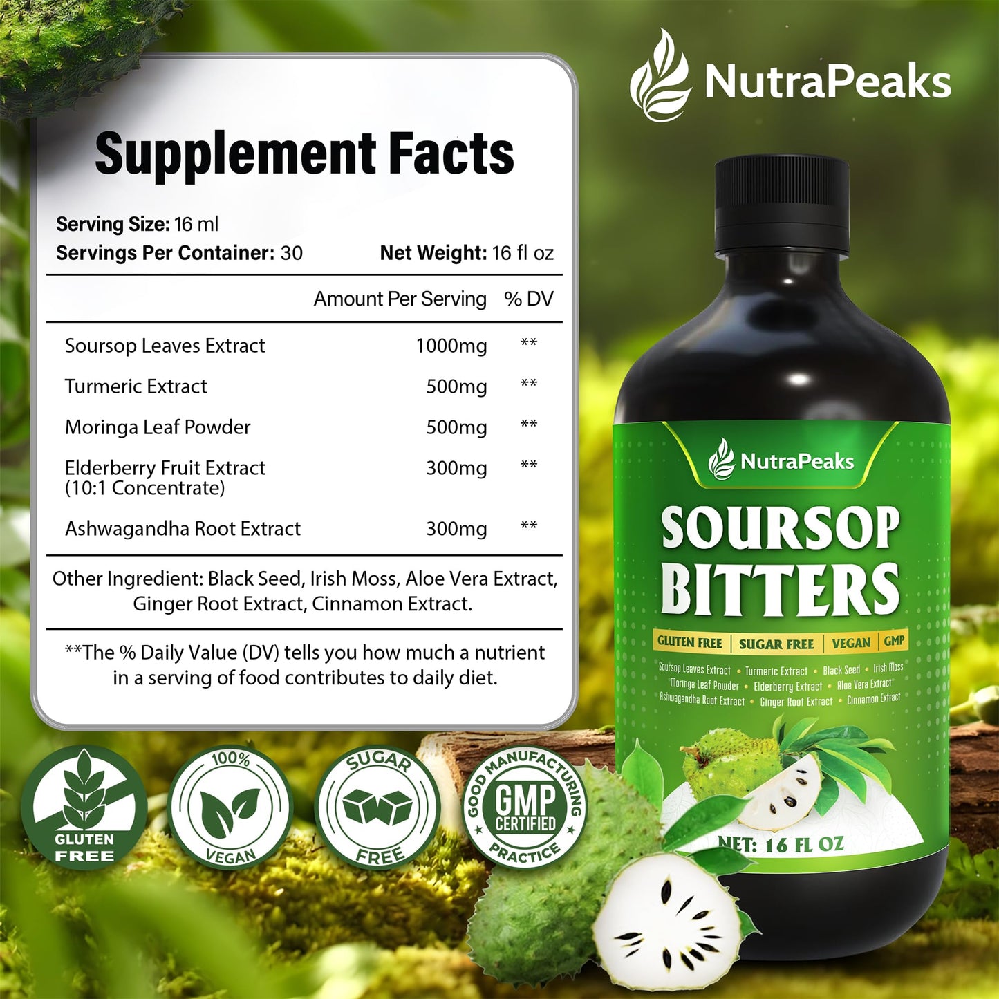 Soursop Bitters Liquid – NutraPeaks | Immune & Digestive Detox (16 oz)