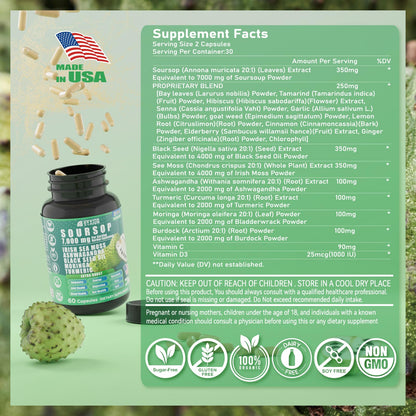 Soursop Graviola 20-in-1 Supplement – Sea Moss, Moringa, Turmeric, Black Seed Oil, Oregano, Ashwagandha | Vegan & Non-GMO | 60 Capsules