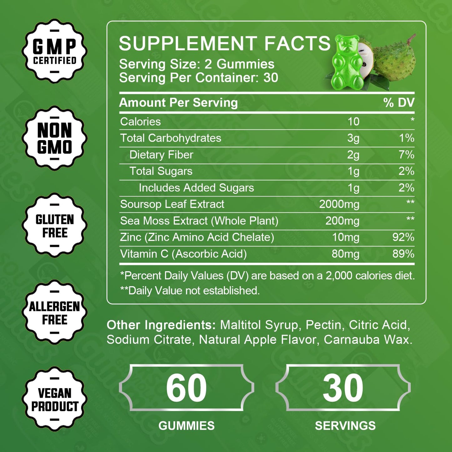 (2 Pack) Soursop Graviola Gummies - 2200mg Leaf Extract, Vitamin C, Sea Moss & Zinc