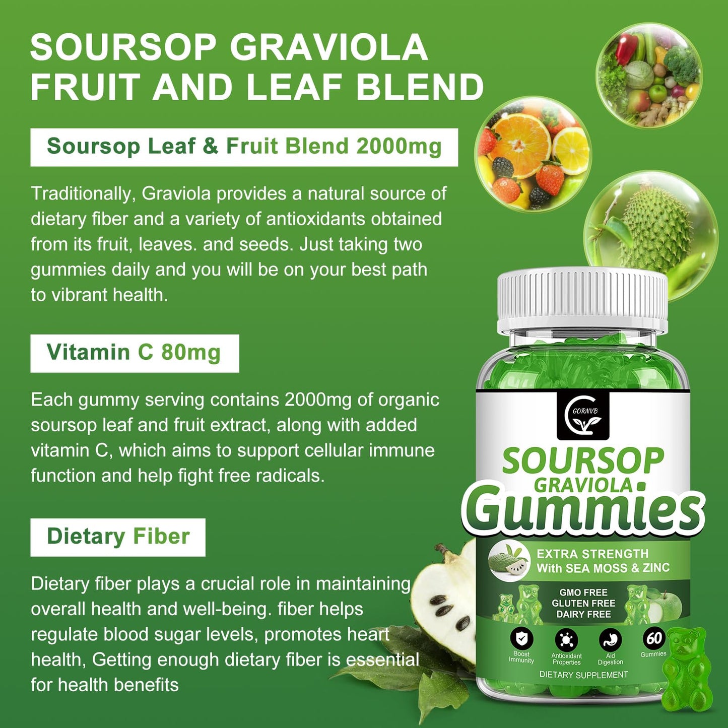 (2 Pack) Soursop Graviola Gummies - 2200mg Leaf Extract, Vitamin C, Sea Moss & Zinc