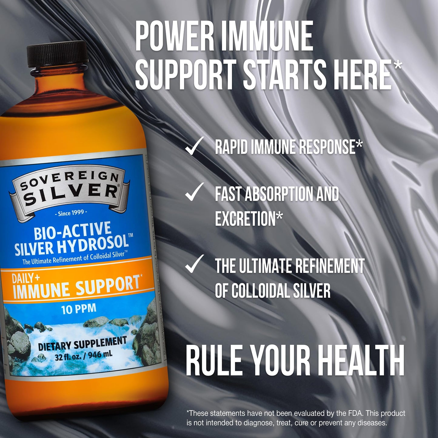 Sovereign Silver Immune Support - Colloidal Silver Hydrosol, 10 ppm, 32 oz