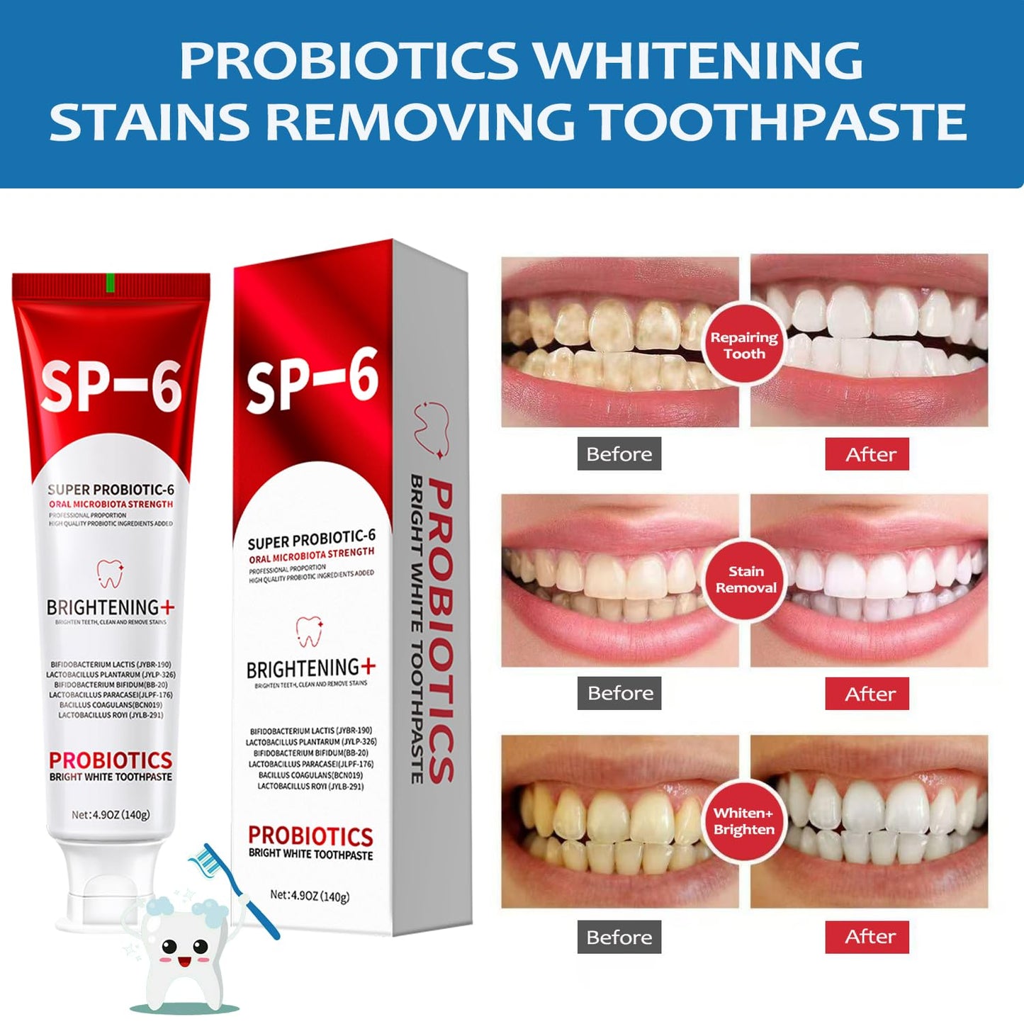 SP-6 Probiotics Whitening Toothpaste – 2 PCS, Fluoride-Free, Mint