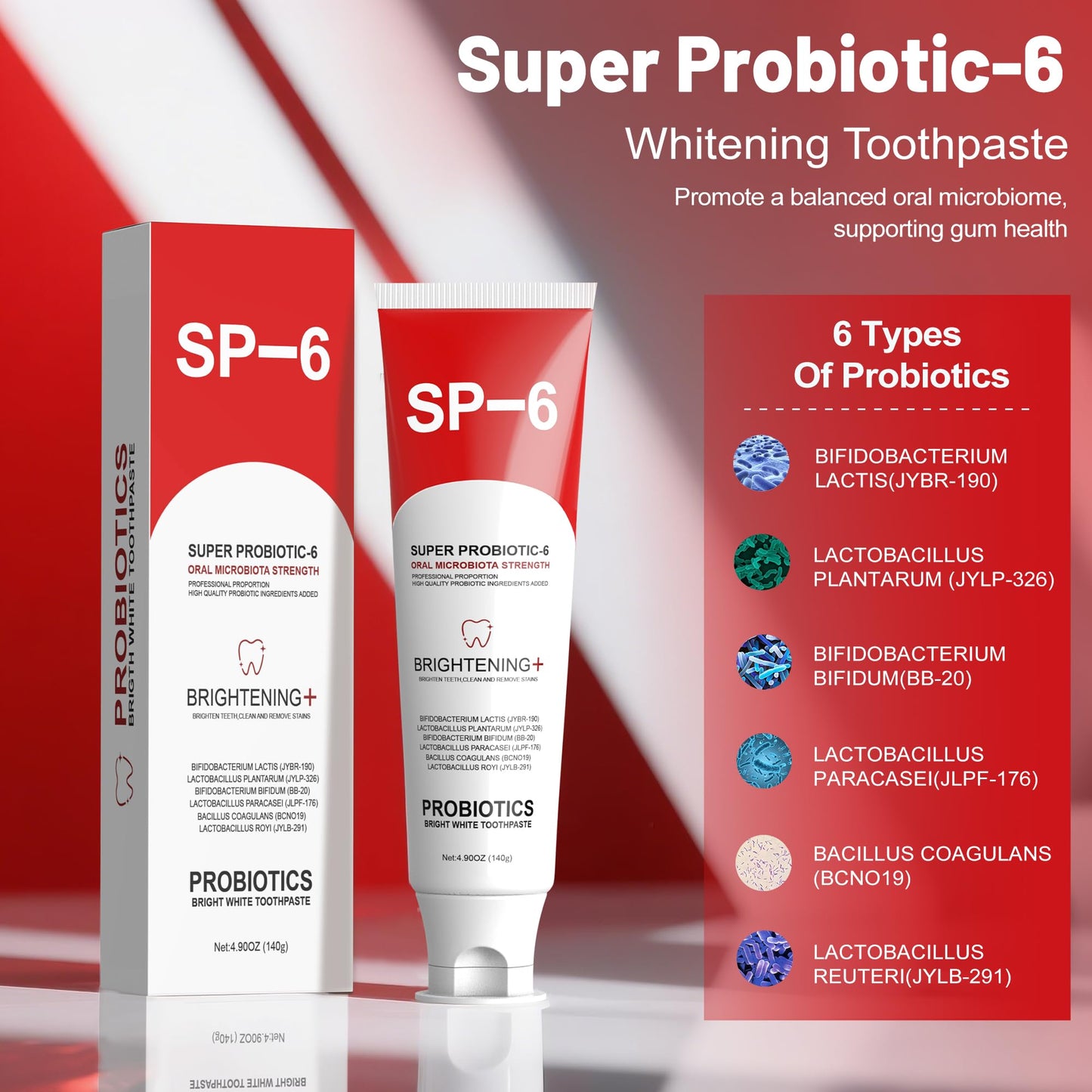SP-6 Probiotic Whitening Toothpaste - 6 Probiotics, Fluoride-Free, Mint Flavor, 4.9 oz