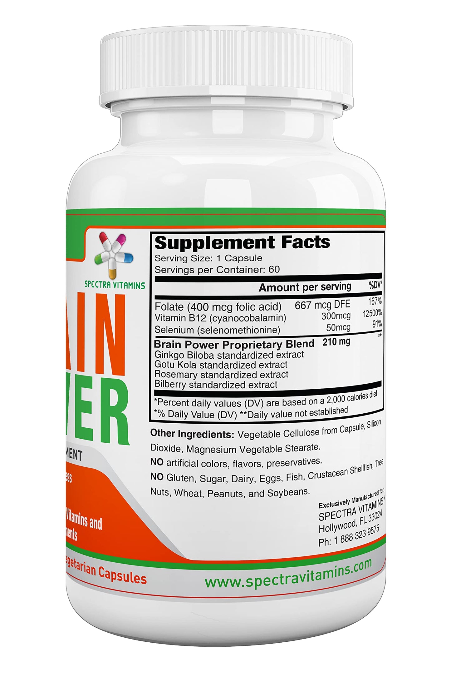 Spectra Vitamins Brain Power – Focus, Memory & Alertness Nootropics | Ginkgo Biloba & Gotu Kola | 60 Capsules