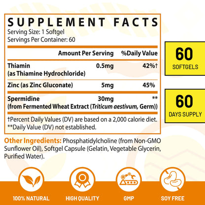 30mg Spermidine – Longevity, High Absorption Liposomal, 120 Softgels