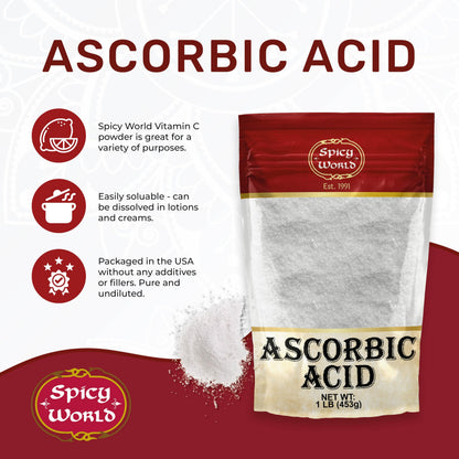 Spicy World Ascorbic Acid 1 LB Bulk Bag - Pure Vitamin C Powder - 100% Pure, Food Grade, Can be Used for Canning, Fruit, Pools - USP Grade (Pack of 2)