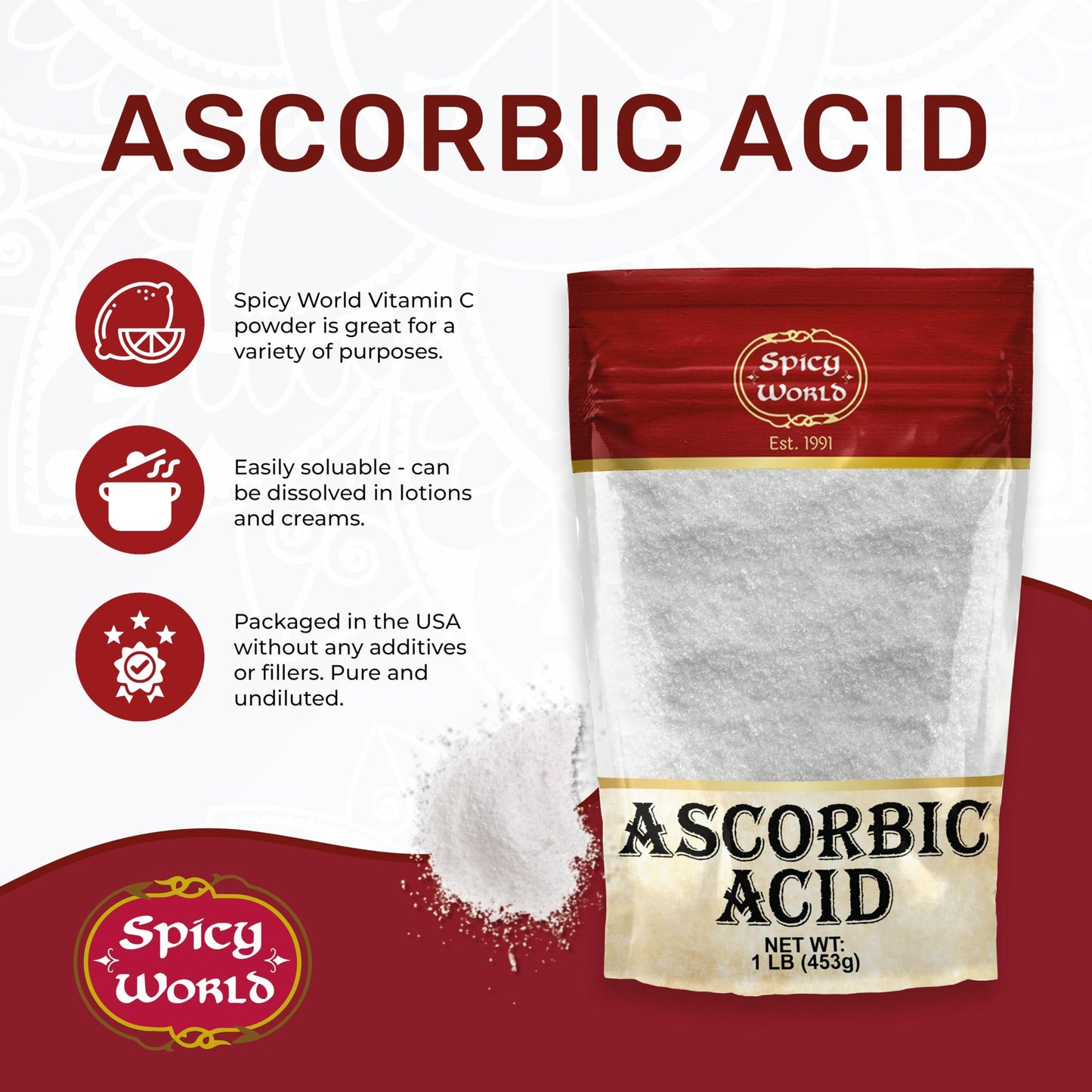Spicy World Ascorbic Acid 1 lb – Pure Vitamin C Powder (USP, Food Grade)