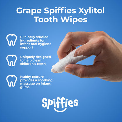 Spiffies Baby Teeth Wipes - Grape Flavor, Xylitol Dental Wipes for Teething Relief & Cleaning (20 Count, 3 Pack)