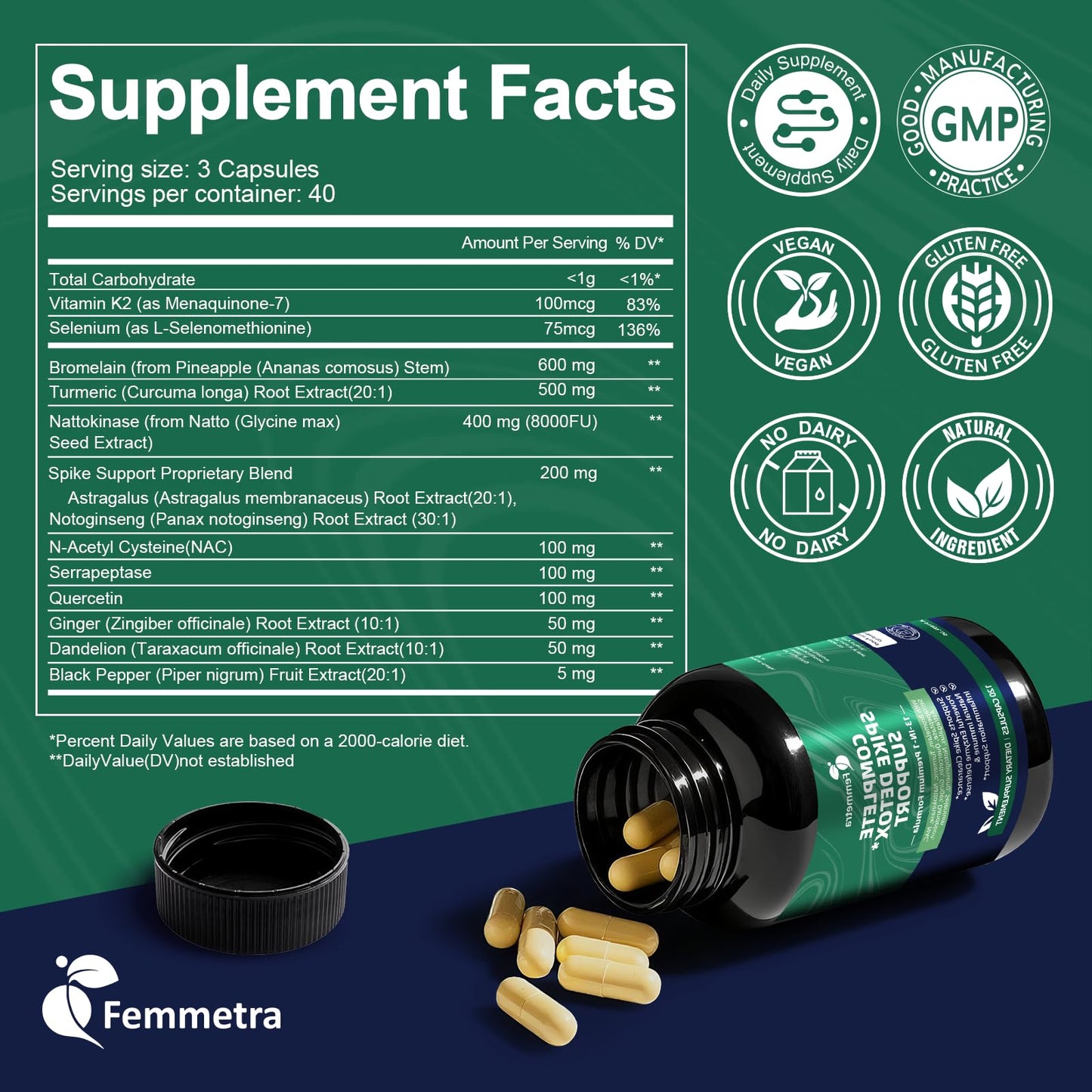 Spike Protein Detox Capsules – 8000 FU Nattokinase, Bromelain & Curcumin, 13-in-1 Immune Support