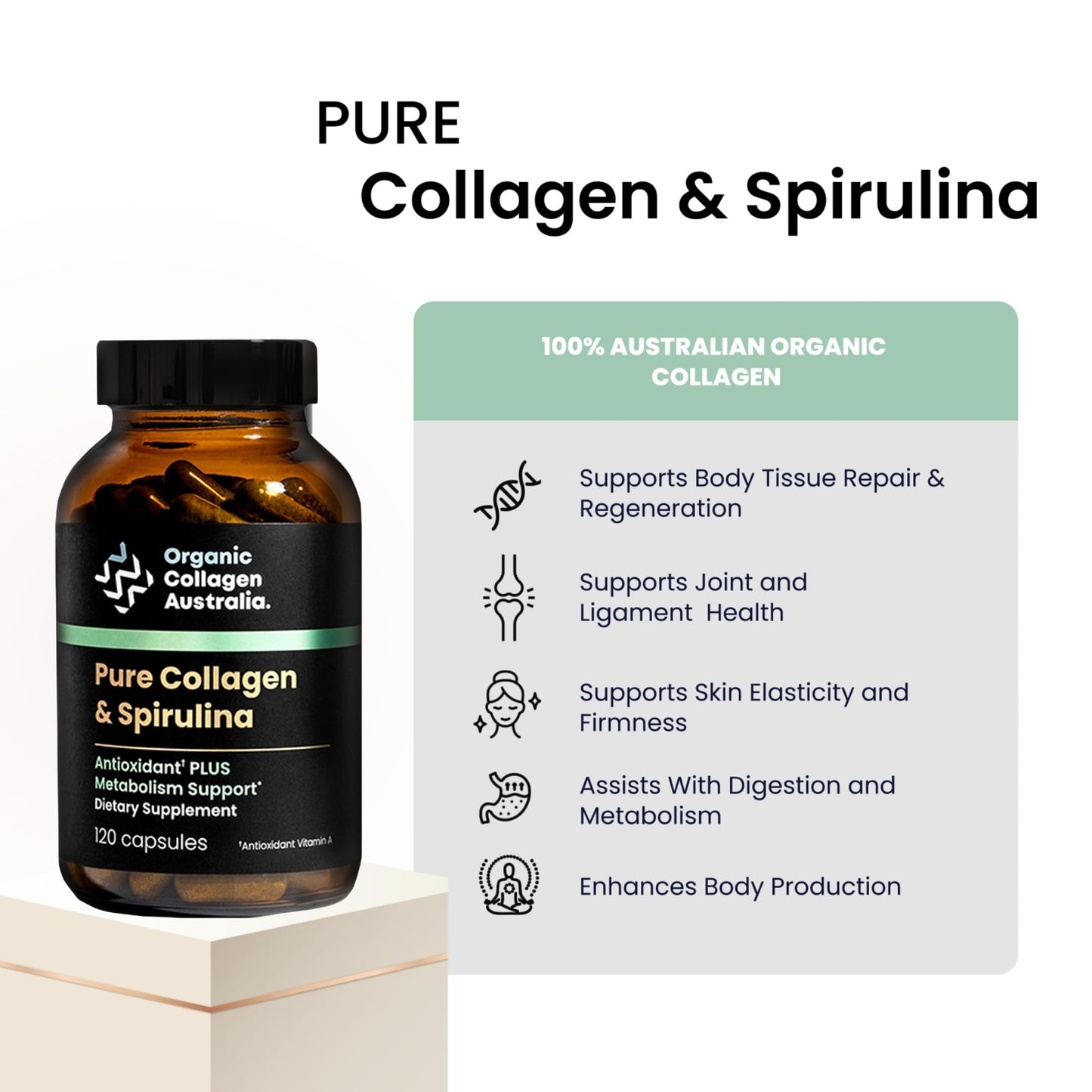 Organic Collagen Australia – Pure Collagen & Spirulina Capsules (120 Capsules)