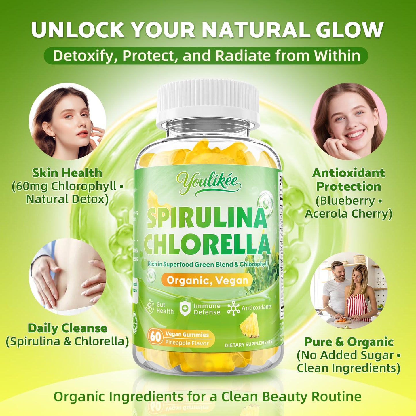 2 Pack Organic Spirulina & Chlorella Gummies – Pineapple Flavor, Vitamin C & Zinc