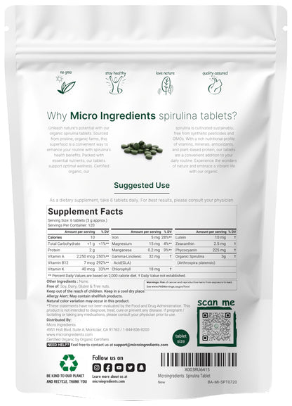 Micro Ingredients Organic Spirulina – 3000mg per Serving, 720 Tablets