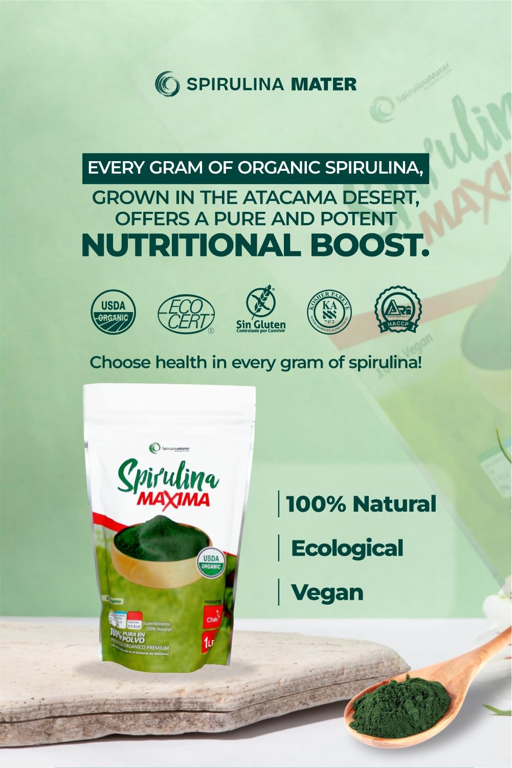 SpirulinaMater Spirulina Powder – USDA Organic, Atacama Desert | Energizing, Nutrient-Dense, Digestive Wellness – 1 lb