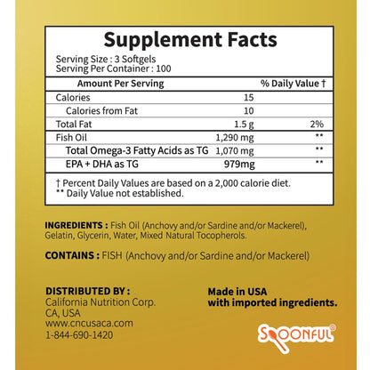 Spoonful Mini Omega-3 Fish Oil – iFOS Certified, 1290 mg/Serving, 300 Softgels, Made in USA