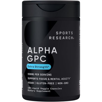 Sports Research® Alpha GPC 630mg (Extra Strength) – Bioavailable Choline for Focus & Cognitive Support | Vegan • Non-GMO • Gluten Free – 120 Liquid Capsules