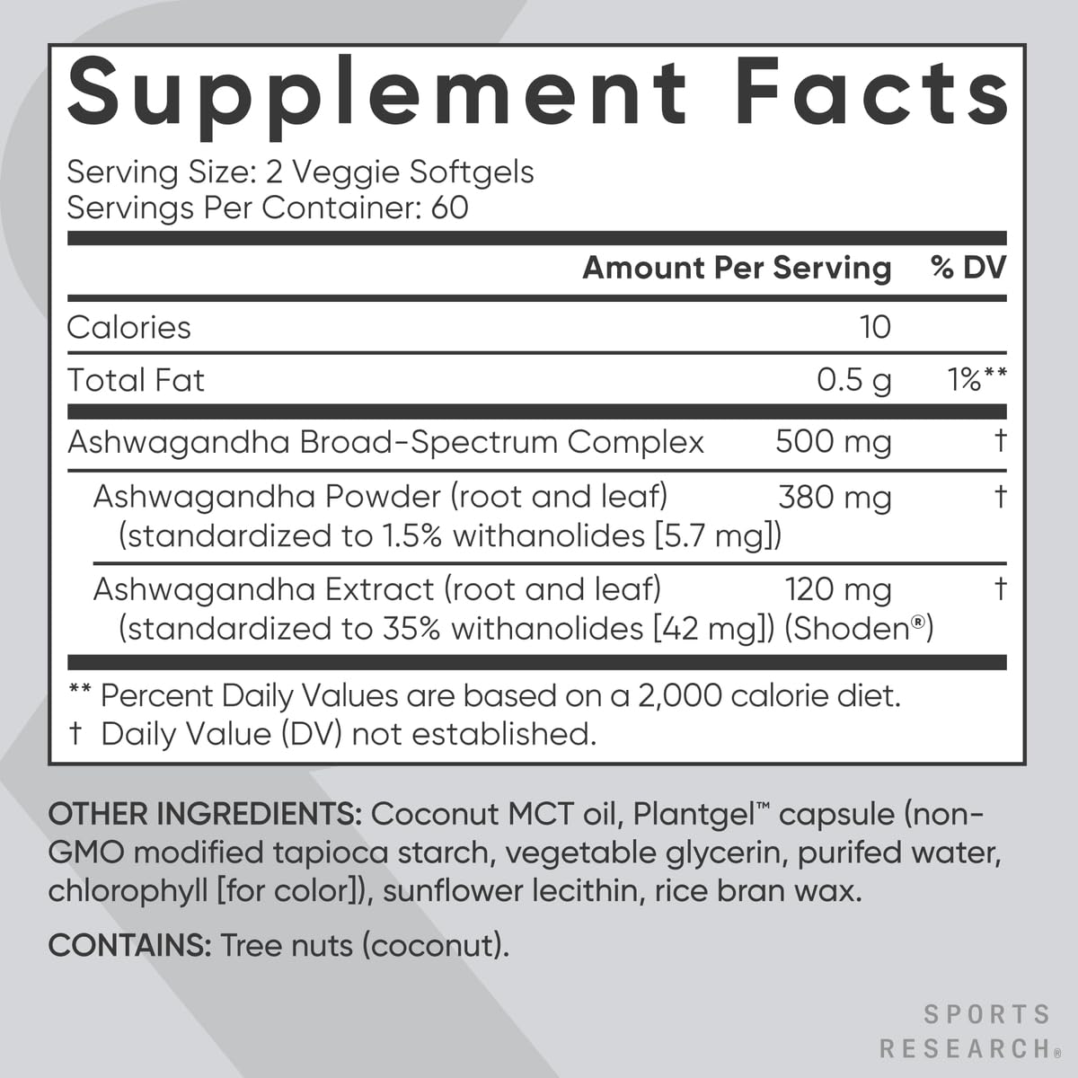 Sports Research Ashwagandha Softgels with Coconut MCT Oil – 120 Count – Shoden 35% Withanolides | Vegan & Gluten Free