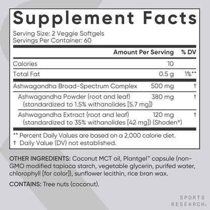 Sports Research Ashwagandha Softgels with Coconut MCT Oil – 120 Count – Shoden 35% Withanolides | Vegan & Gluten Free