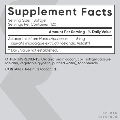 Sports Research Astaxanthin 6mg with Organic Coconut Oil - 120 Softgels | Non-GMO, Gluten Free