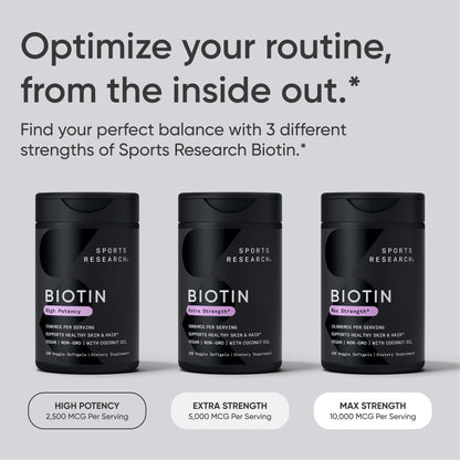 Sports Research Biotin 10,000mcg with Organic Coconut Oil – 30 Veggie Softgels | Vegan, Non-GMO