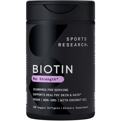 Sports Research Biotin 10,000mcg with Organic Coconut Oil – Vegan, Non-GMO, Gluten & Soy-Free – 120 Veggie Softgels