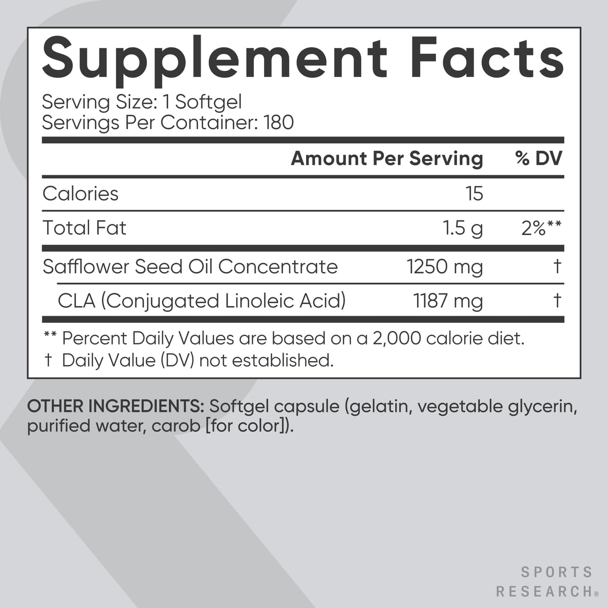 Sports Research CLA - 1250mg with Active Conjugated Linoleic Acid for Men and Women | Non-GMO, Soy & Gluten Free - 95% (180 Softgels)