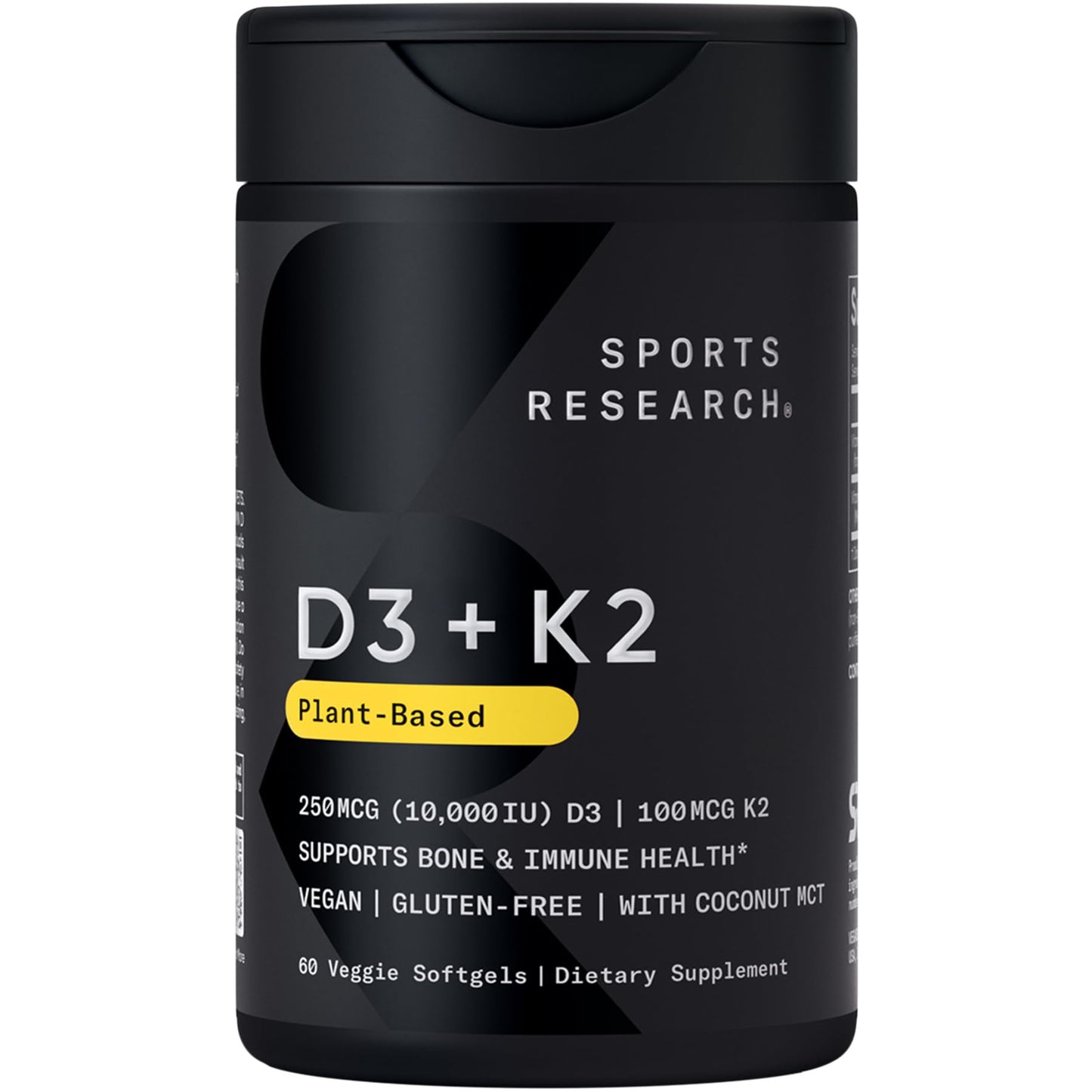 Sports Research Vitamin D3 + K2 | 10,000 IU Plant-Based D3 + 100 mcg MK-7, 60ct