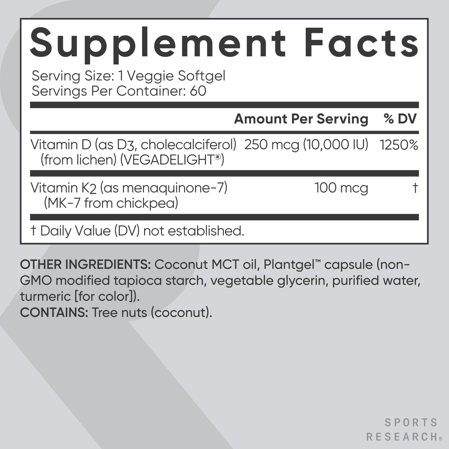 Sports Research Vitamin D3 + K2 | 10,000 IU Plant-Based D3 + 100 mcg MK-7, 60ct