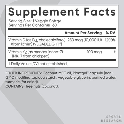 Sports Research Vitamin D3 + K2 | 10,000 IU Plant-Based D3 + 100 mcg MK-7, 60ct