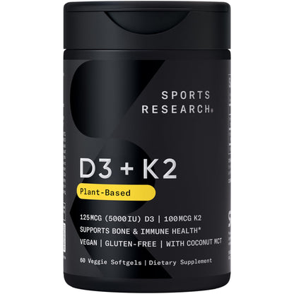 Sports Research D3 + K2 with Coconut Oil – Vegan D3 5000 IU, K2 100 mcg MK-7 | 60 Softgels