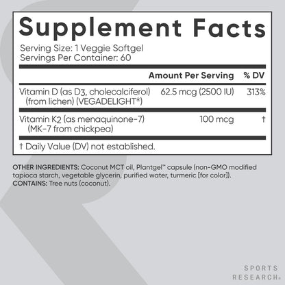 Sports Research Vitamin D3 + K2 with Coconut Oil – Vegan D3 2500 IU (62.5 mcg) & MK-7 K2 100 mcg for Bone & Immune Support - Vegan Certified • Non-GMO • Soy Free - 60 Softgels