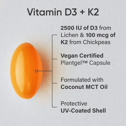 Sports Research Vitamin D3 + K2 with Coconut Oil – Vegan D3 2500 IU (62.5 mcg) & MK-7 K2 100 mcg for Bone & Immune Support - Vegan Certified • Non-GMO • Soy Free - 60 Softgels