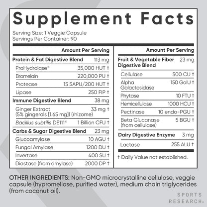 Sports Research Digestive Enzymes with Probiotics & Ginger - Plant-Based, Non-GMO, Vegan - 90 Veggie Capsules