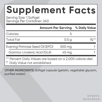 Sports Research Evening Primrose Oil 500mg – Cold-Pressed, Non-GMO, 240 Softgels