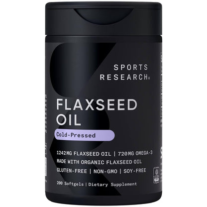 Sports Research Flaxseed Oil Softgels 1242mg - Plant-Based Omega-3 | Non-GMO, Soy & Gluten Free (200 Count)