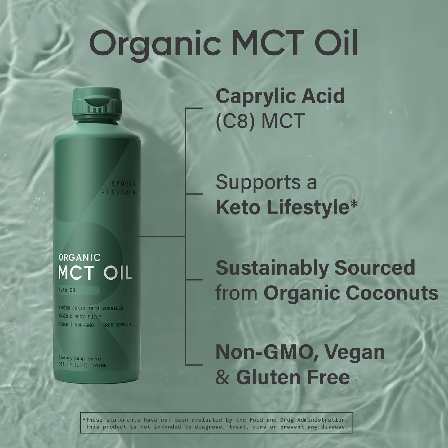 Sports Research Keto MCT Oil C8 Caprylic Acid – 16 oz | Non-GMO & Vegan