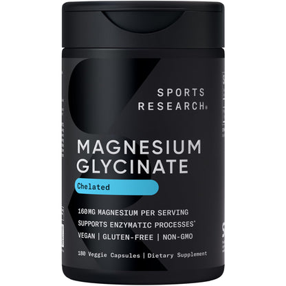 Sports Research Magnesium Glycinate – 160 mg Chelated Magnesium, 180 Vegan Capsules