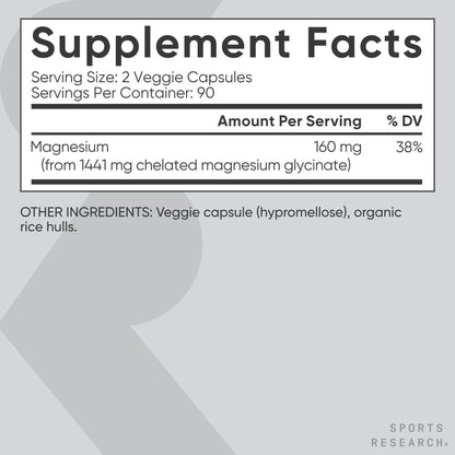Sports Research Magnesium Glycinate – 160 mg Chelated Magnesium, 180 Vegan Capsules