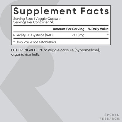 Sports Research N-Acetyl L-Cysteine (NAC) 600mg – 90 Veggie Capsules – Vegan, Non-GMO, Gluten Free | Lemon Aroma